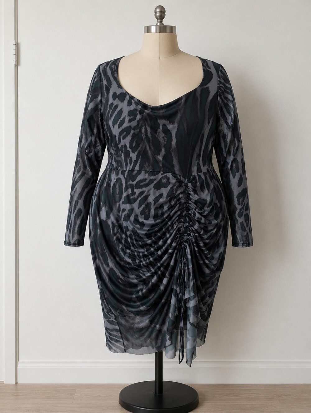 PRETTY LITTLE THING Plus-Size Black and Gray Animal Print Ruched Dress